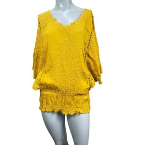 Women's‎ NWOT Solitaire Anthropologie M Yellow Embroidered Top Scalloped Hem